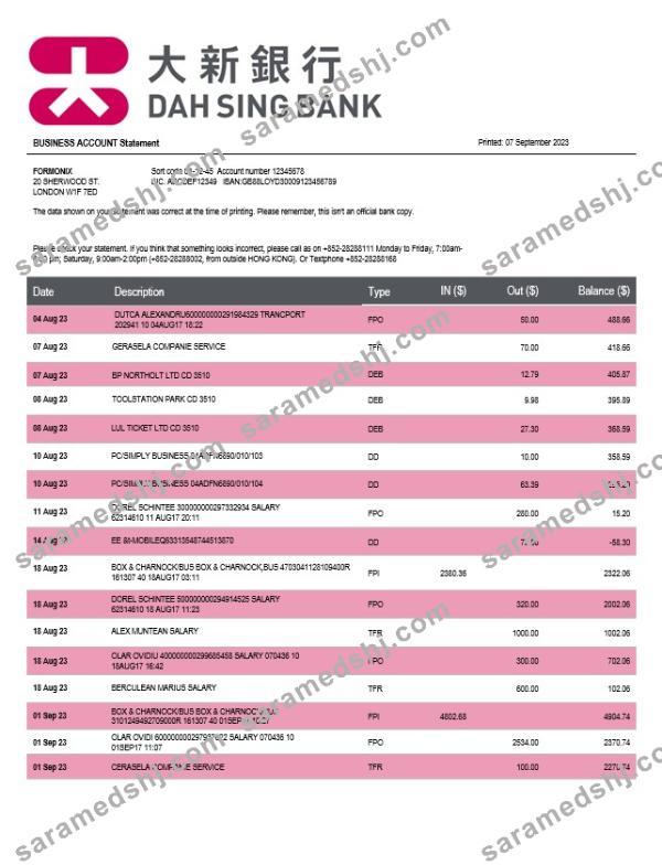 Dah Sing Bank company checking account statement Word and PDF template